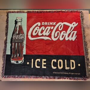 Coca Cola Tapestry Woven Throw Blanket Fringed  Coke Ad 60” x 50”